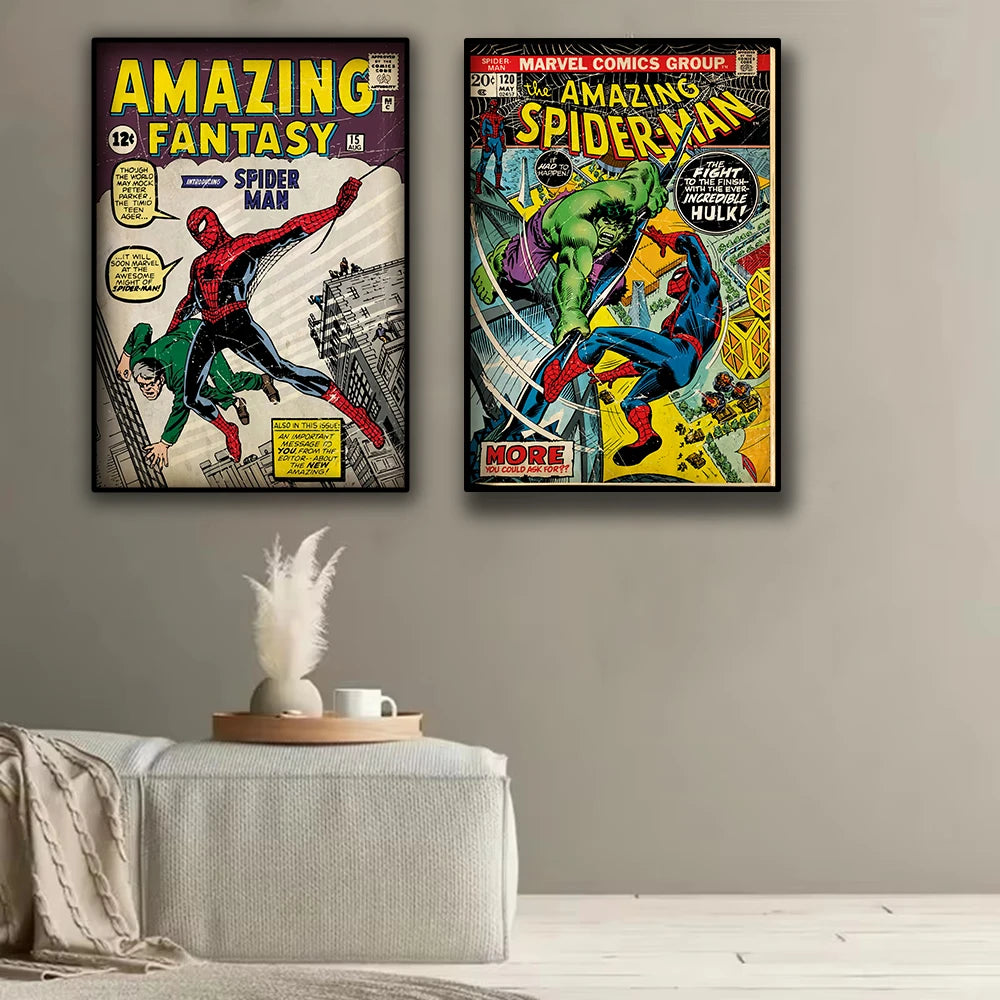 Retro Marvel Super Hero Decorative Painting Anime Spider Man Art Poster American Film Mural Home Childrens Room Wall Decor Print Hualangge Decorative Painting Store