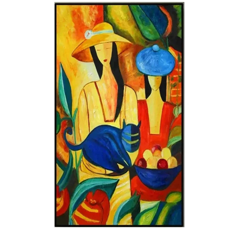 Handmade Oil Painting on Canvas Women With Cat And Fruit 100% Hand Painted Wall Art Cubism Modern Art Pos Impressionism Artwork CreationsArt OilPainting Store
